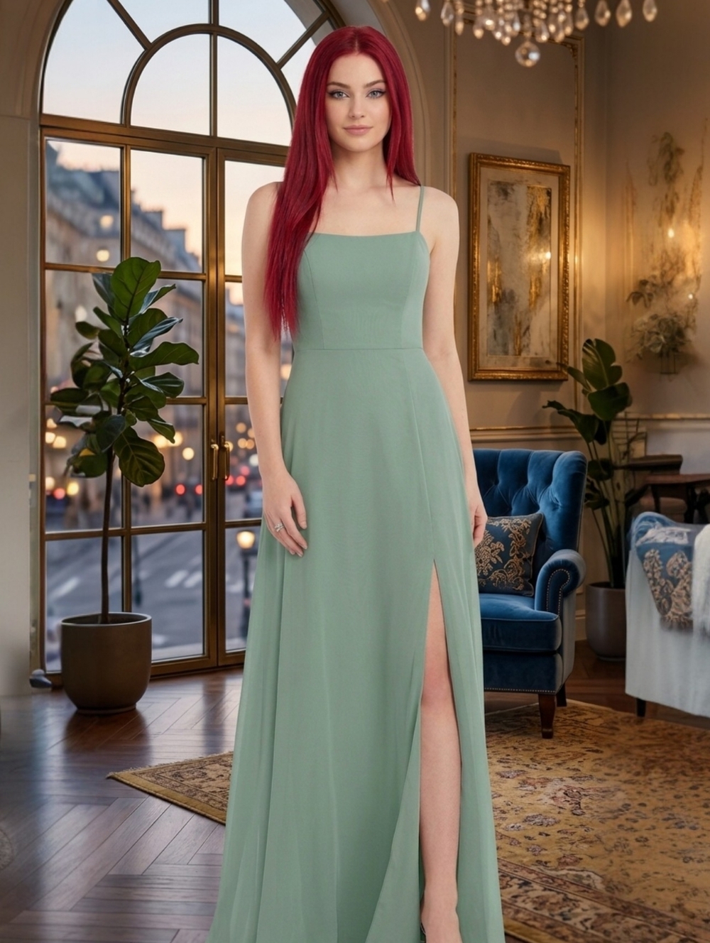 After Six Vineyard Green Romantic Lux Chiffon Maxi Bridesmaid Dress 4R - NWOT